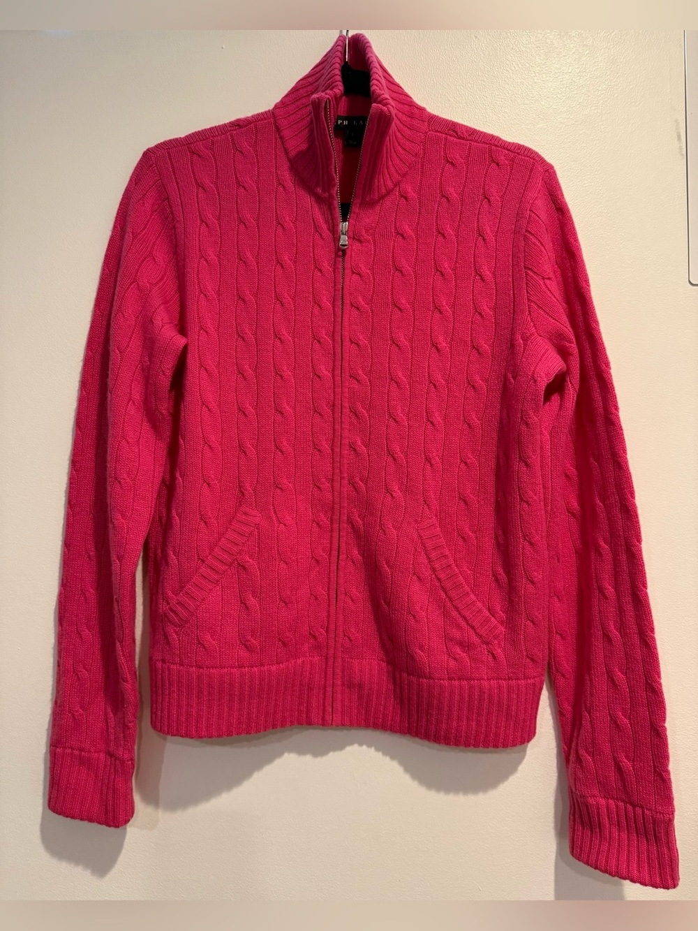 Ralph Lauren Black Label 100% Cashmere Hot Pink Cable Knit Zip Up Sweater Sz L